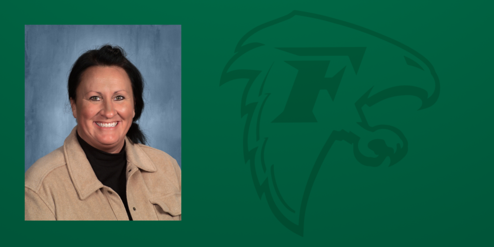Image of Principal Kali McKenna with green Freeland falcon logo