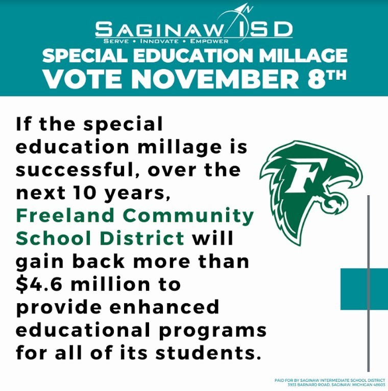 SISD Freeland millage information. To learn more, contact central office